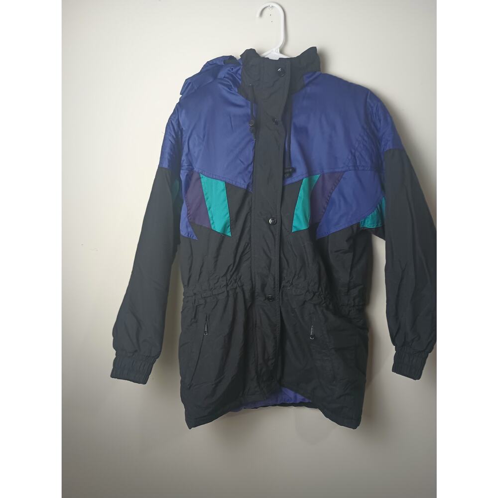 Vtg Hot‎ Music Ski Jacket 80s 90s Women Small Color Block Nylon Hood Winter